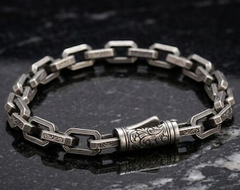 Stainless Steel Engraved Chain Bracelet Men Silver Geometric Link Vintage Style Wrist Jewelry