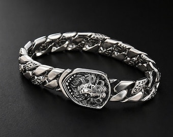 Stainless Steel Lion Head Bracelet Men Silver Chain Link Gothic Jewelry Gift