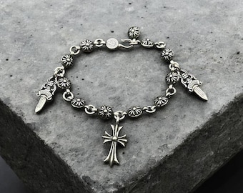 Silver Chain Bracelet Men Gothic Punk Cross Link Metal Jewelry