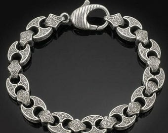 Stainless Steel Chain Bracelet Men Engraved Link Vintage Style Wrist Bracelet