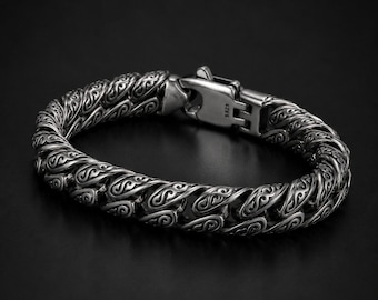 Stainless Steel Braided Chain Bracelet Men Engraved Link Vintage Style Wrist Bracelet