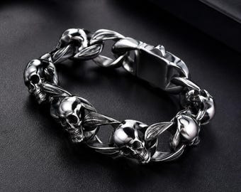 Skull Chain Bracelet Stainless Steel Men Silver Gothic Punk Biker Jewelry