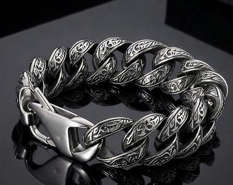 Men Heavy Cuban Link Bracelet Stainless Steel Engraved Chain Punk Jewelry Gift