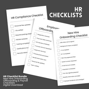 May include: Three white checklists for HR tasks, including compliance, onboarding, and offboarding. Each checklist has a title and a series of checkboxes. The text "HR Checklists" is at the top right.