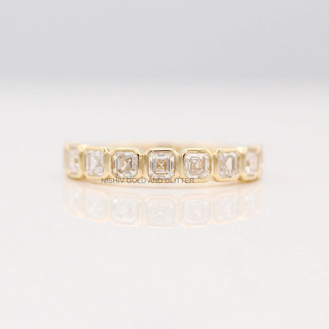Asscher Cut Moissanite Eternity Band, Bezel Set 14K Gold Stacking Ring ...