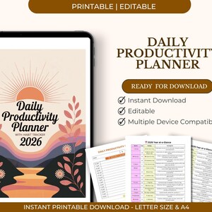 May include: A digital download of a Daily Productivity Planner for 2026. The design features a sunset over a landscape with the text "Daily Productivity Planner" and "2026". The planner is printable and editable, with a habit tracker.