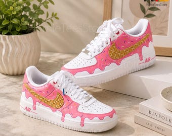 Custom Pink Ice Cream Drip AF1 Sneakers, Hand Painted Cartoon Unisex Sneakers, Personalized Shoes