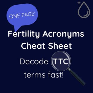 May include: A dark blue graphic with white text that reads "Fertility Acronyms Cheat Sheet." A magnifying glass focuses on the letters "TTC." A speech bubble says "ONE PAGE!" and a drop icon is in the upper right.