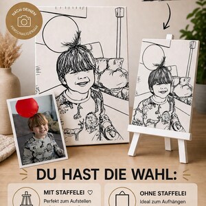 Könnte beinhalten: Ein personalisierter Leinwanddruck mit einer schwarz-weißen Strichzeichnung eines Kindes, basierend auf einem Farbfoto, das das Kind mit einem roten Luftballon zeigt. Das Set enthält eine weiße Holzstaffelei zur Präsentation des Leinwandbildes.