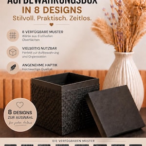 Könnte beinhalten: Eine schwarze 3D-gedruckte Aufbewahrungsbox mit ziegelartiger Textur und passendem Deckel. Das Bild enthält Text, der das Produkt als dekorative Aufbewahrungsbox in 8 Designs beschreibt, sowie Symbole und Bezeichnungen für verschiedene Muster.