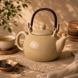Peut inclure: Une théière en céramique beige avec une poignée et un couvercle marron foncé. La théière a une forme arrondie et un bec verseur. Un petit bol de thé et une coupelle en bois avec des feuilles de thé sont au premier plan.
