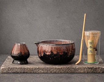 Japanskt Matcha-set med skål och visp, Matcha-teset i emaljerat porslin, teceremonikit i 4 delar, Chawan-skål med pip