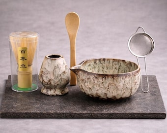 Japanskt Matcha-set, 6-delat Matcha-teceremonikit, Matcha-skål med pip, bambuvisp, skopa, sil, visphållare