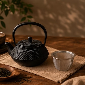 Peut inclure: Une théière en fonte noire avec une surface texturée et une poignée incurvée est posée sur un tissu en lin beige. Un infuseur à thé en acier inoxydable et un bol en bois avec des feuilles de thé en vrac sont également présents.