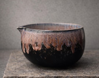 Japansk matchaskål med pip, emaljerad matchaskål i porslin, 500 ml chawan-teskål, handgjord teceremoniskål, brunsvart matchakopp