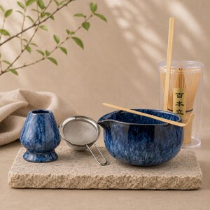 Matcha Set 5 Pieces Kit, Japanese Tea Ceremony Set, Ceramic Matcha Bowl with Whisk, Sifter, Scoop, Holder, Minimalist Zen Gift