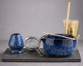 Japanskt Matcha-set, komplett Matcha-teceremoni-kit, keramiskt Matcha-skålset, bambuvisp, sil, skopa, visphållare