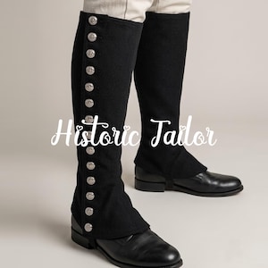 May include: Black fabric gaiters worn over black leather shoes, featuring a vertical row of silver-toned metallic buttons along the outer side. The text "Historic Tailor" is overlaid in white script across the center of the image.