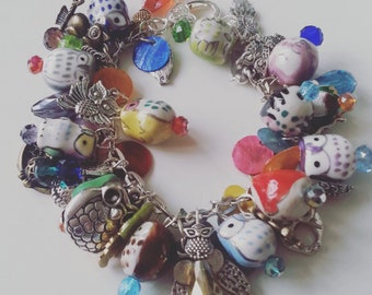 I LOVE OWLS, Loaded, Owl charm bracelet, owl bracelet, or necklace, ceramic, glass, owl bracelet, boho, owls birds,  by TinkerDee2 on etsy