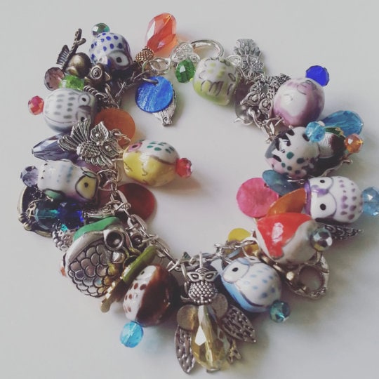 I LOVE OWLS, Loaded, Owl charm bracelet, owl bracelet, or necklace, ceramic, glass, owl bracelet, bo