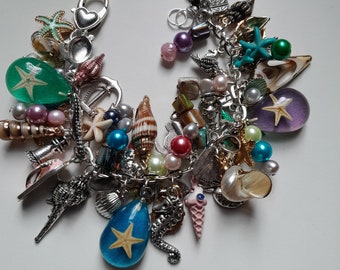 Beach, sea life, ocean, charms, charms bracelet, starfish, shells, double loaded, fresh water pearls, by TinkerDee2 on etsy