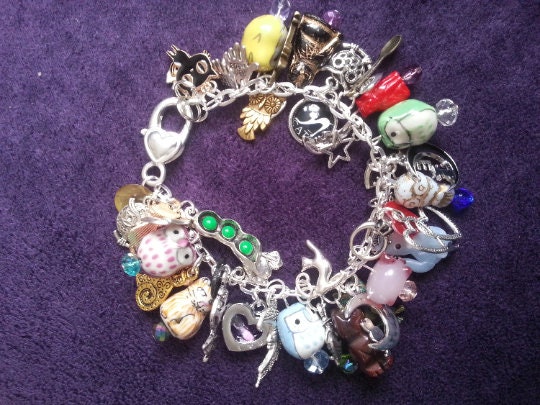 The Owl and the Pussycat, cat and owl Charm bracelet, or Woodland, loaded charm bracelet, by TinkerD