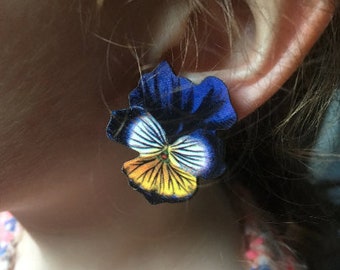 Fantastic, Pansies, clip on, wooden pansy, pansy clip on, choose style,  comfortable clip, flowers, floral clip on, by TinkerDee2 on etsy