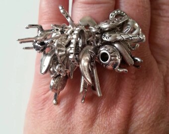 Silver tone, charms, loaded charms ring, adjustable ring, feature ring, all silver, by TinkerDee2 on etsy