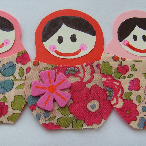 Liberty of London,5, Handmade, Babushka, Russian Doll, Tags, cards, double cards, flowers, spring, by DoodleDee2 on etsy