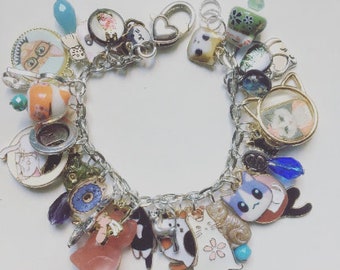 I LOVE CATS, Loaded, cat charm bracelet, cat bracelet, ceramic, glass, cat charms bracelet, boho, cat lady,  by TinkerDee2 on etsy