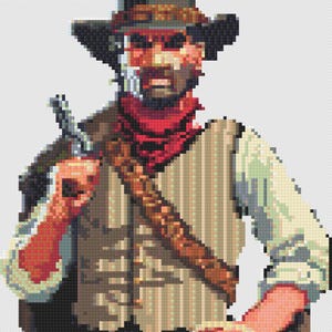 Op de afbeelding: Pixelafbeelding van een cowboy met een hoed, rode bandana en een vest. Hij houdt een pistool vast, met een leren riem over zijn borst. Het kleurenpalet bevat tinten bruin, beige, rood en zwart.
