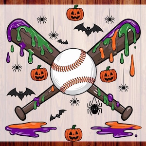 May include: A Halloween-themed graphic featuring a baseball and two crossed bats. The bats are brown with green and purple dripping slime. A white baseball is in the center. Pumpkins, spiders, and bats complete the design. The text "CUSTOM DTF" and "READY TO PRESS" are on the sides.