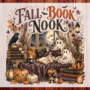 Peut inclure: Une impression graphique avec le texte FALL BOOK NOOK montrant deux fantômes lisant des livres sur un lit. La scène comprend des piles de livres, des citrouilles, une lanterne, un corbeau et un feuillage d'automne aux tons orange, violet et brun.