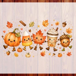 May include: A DTF transfer sheet featuring a whimsical autumn-themed illustration with a smiling pumpkin, candy corn, maple leaf, coffee cup, and acorn, all with arms and legs. The text CUSTOM DTF READY TO PRESS is printed on the sides.