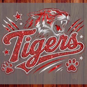 May include: A graphic design featuring a roaring tiger head in white and grey, with the word Tigers in red glitter script. The design includes red glitter claw marks, stars, and paw prints, with the text CUSTOM DTF READY TO PRESS on the sides.