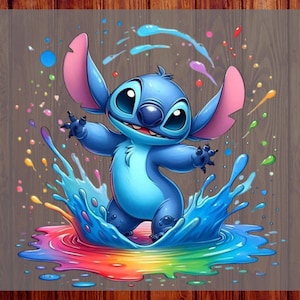 May include: A digital graphic of the character Stitch from Lilo & Stitch, surrounded by colourful water splashes. The image has the text "CUSTOM DTF" on the left and "READY TO PRESS" on the right. The background is a wood grain pattern.
