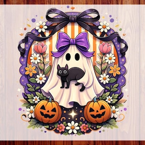 May include: A Halloween graphic with a cartoon ghost, black cat, pumpkins, and flowers. The ghost has a purple bow and is framed with a black bow at the top. The words "CUSTOM DTF" and "READY TO PRESS" are visible. The design is colourful and festive.