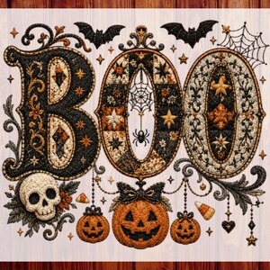 Peut inclure: Un motif de transfert DTF affichant le mot BOO en grandes lettres ornées style patchwork avec des motifs noirs, orange et crème. Le graphisme inclut un crâne, trois citrouilles d'Halloween, des chauves-souris, une toile d'araignée et des étoiles.