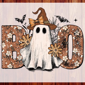 May include: A Halloween-themed graphic featuring a ghost wearing a witch hat and bow, with the word "BOO" in floral print. Bats and stars accent the design. The words "CUSTOM DTF" and "READY TO PRESS" are on the sides.