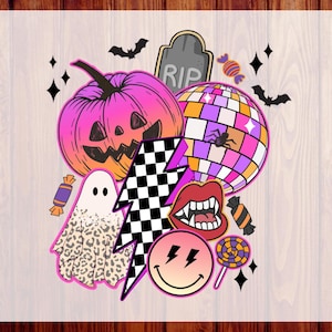 May include: A DTF transfer sheet featuring a pink and orange gradient pumpkin, a disco ball, a leopard print ghost, a black and white checkered lightning bolt, a pair of vampire lips, a smiley face, sweets, bats, and a tombstone with RIP text.