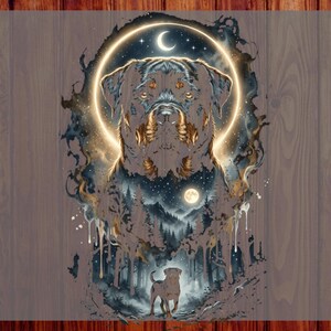 May include: A DTF transfer featuring a Rottweiler head centered within a glowing circular moon frame, above a forest landscape with a smaller dog silhouette and a full moon. The text CUSTOM DTF READY TO PRESS is printed on the sides.
