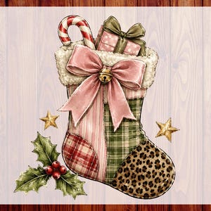 May include: A Christmas stocking illustration featuring a candy cane, a gift box, and a large pink bow with a bell. The stocking has patchwork patterns in pink stripes, green plaid, and leopard print, accented by holly leaves, berries, and gold stars.