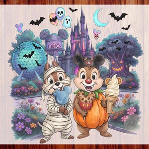 Chip and Dale Halloween  DTF Heat Transfer – Cute Disney Park Ready to Press – Spooky Castle & Pumpkin for Fall Family Apparel Shirt