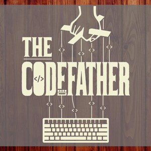 May include: A cream-colored graphic design featuring the text THE CODEFATHER with a marionette controller hand above and a computer keyboard below, connected by vertical strings with code bracket symbols integrated into the lettering.