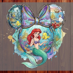 May include: A vibrant graphic of Ariel, Flounder, and other characters from The Little Mermaid, set within a Mickey Mouse ear shape. The design includes the text "CUSTOM DTF" and "READY TO PRESS". The image has a watercolour effect.