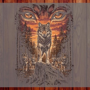 May include: A DTF transfer print featuring a central wolf standing on a rock, surrounded by four smaller wolves in a forest setting. Above them, large glowing eyes peer from a sunset sky. The text CUSTOM DTF READY TO PRESS is on the sides.
