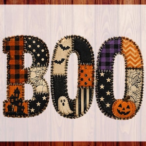 May include: A graphic design featuring the word BOO in a patchwork style. Each letter is composed of various fabric patterns including orange and black buffalo plaid, spiderwebs, stars, stripes, a haunted house, a ghost, and a jack-o'-lantern.