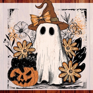 May include: A Halloween graphic with a ghost in a brown witch hat and bow, set amongst orange flowers and leaves. A black cat sits on an orange pumpkin. The words "CUSTOM DTF" and "READY TO PRESS" are printed on the sides of the image.