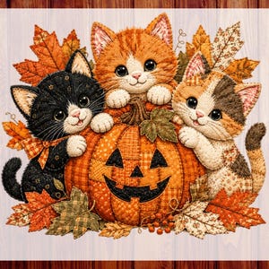 May include: A DTF transfer featuring three kittens, one black and white, one orange tabby, and one calico, resting behind a large orange jack-o'-lantern pumpkin surrounded by autumn leaves. The text CUSTOM DTF READY TO PRESS is visible.