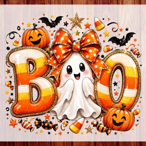 May include: A DTF transfer design featuring the word BOO with candy corn stripes, a white ghost wearing a large orange polka dot bow, smiling pumpkins, black bats, stars, and assorted candies on a white background with text CUSTOM DTF READY TO PRESS.